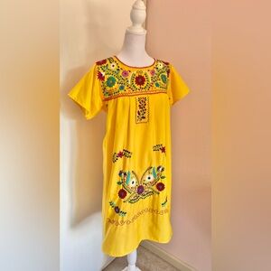 Authentic Mexican Oaxacan Handmade Floral Embroidered Dress in Yellow
